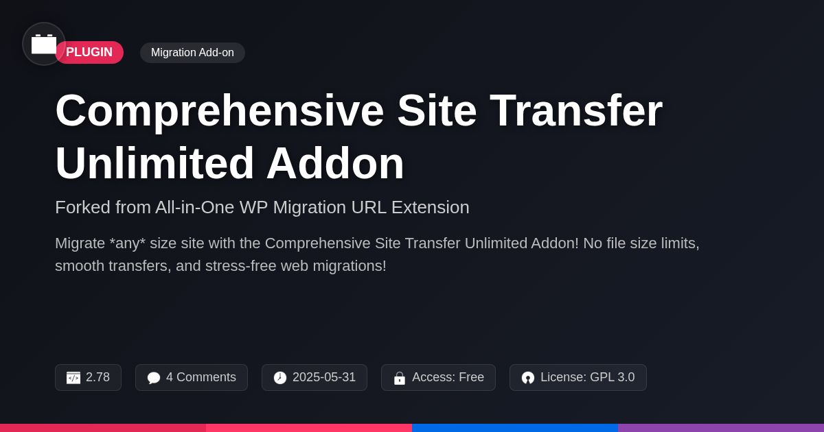Comprehensive Site Transfer Unlimited Addon forked from All-in-One WP Migration URL Extension Comprehensive Site Transfer Unlimited Addon forked from All-in-One WP Migration URL Extension