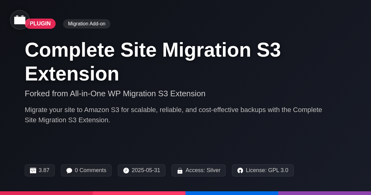 Complete Site Migration S3 Extension forked from All-in-One WP Migration S3 Extension Complete Site Migration S3 Extension forked from All-in-One WP Migration S3 Extension