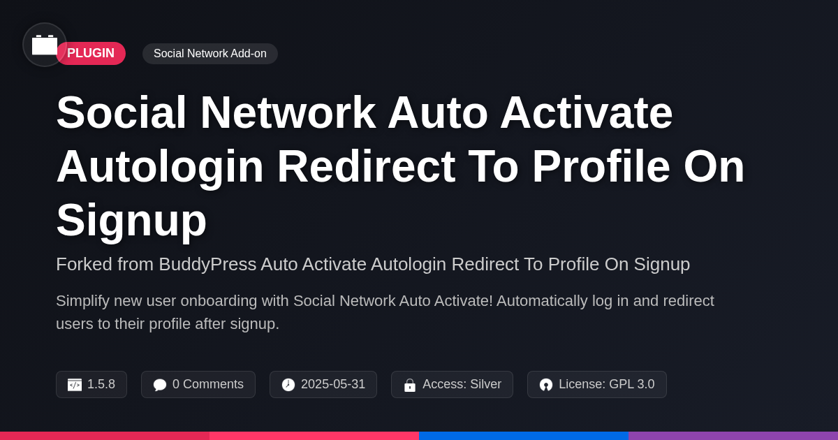 Social Network Auto Activate Autologin Redirect To Profile On Signup forked from BuddyPress Auto Activate Autologin Redirect To Profile On Signup