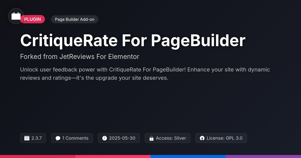CritiqueRate For PageBuilder forked from JetReviews For Elementor CritiqueRate For PageBuilder forked from JetReviews For Elementor