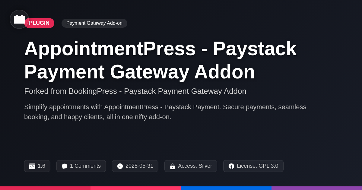 AppointmentPress - Paystack Payment Gateway Addon forked from BookingPress - Paystack Payment Gateway Addon AppointmentPress - Paystack Payment Gateway Addon forked from BookingPress - Paystack Payment Gateway Addon