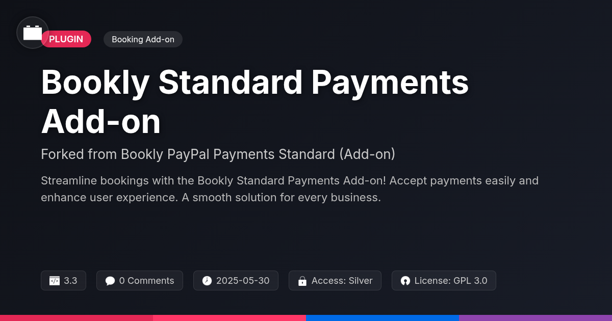 Bookly Standard Payments Add-on forked from Bookly PayPal Payments Standard (Add-on) Bookly Standard Payments Add-on forked from Bookly PayPal Payments Standard (Add-on)