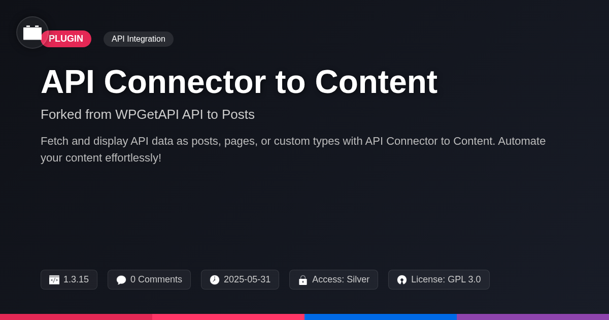 API Connector to Content forked from WPGetAPI API to Posts API Connector to Content forked from WPGetAPI API to Posts