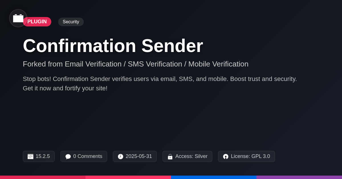 Confirmation Sender forked from Email Verification / SMS Verification / Mobile Verification Confirmation Sender forked from Email Verification / SMS Verification / Mobile Verification