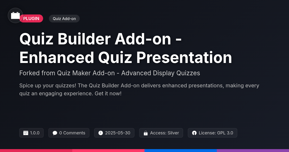 Quiz Builder Add-on - Enhanced Quiz Presentation forked from Quiz Maker Add-on - Advanced Display Quizzes Quiz Builder Add-on - Enhanced Quiz Presentation forked from Quiz Maker Add-on - Advanced Display Quizzes