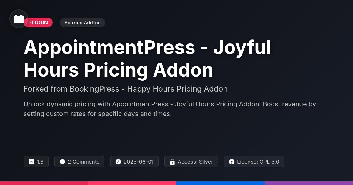 AppointmentPress - Joyful Hours Pricing Addon forked from BookingPress - Happy Hours Pricing Addon AppointmentPress - Joyful Hours Pricing Addon forked from BookingPress - Happy Hours Pricing Addon