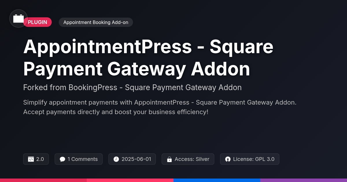 AppointmentPress - Square Payment Gateway Addon forked from BookingPress - Square Payment Gateway Addon AppointmentPress - Square Payment Gateway Addon forked from BookingPress - Square Payment Gateway Addon