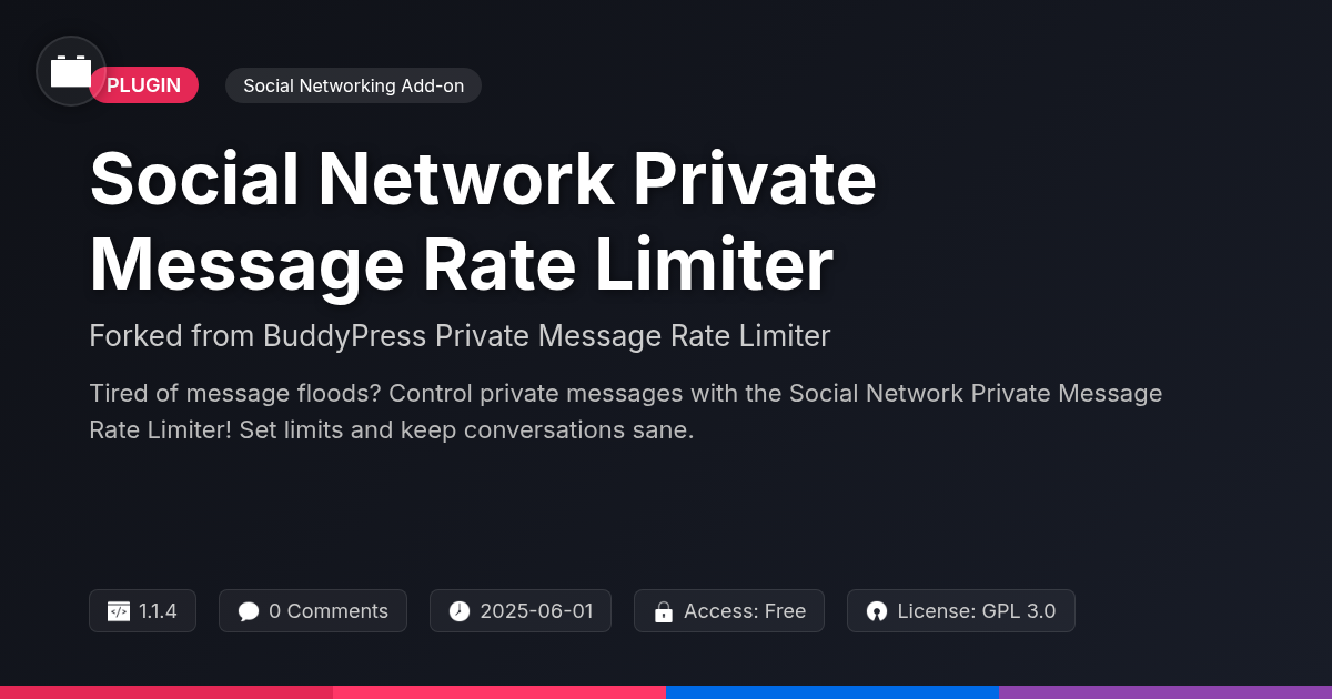 Social Network Private Message Rate Limiter forked from BuddyPress Private Message Rate Limiter Social Network Private Message Rate Limiter forked from BuddyPress Private Message Rate Limiter